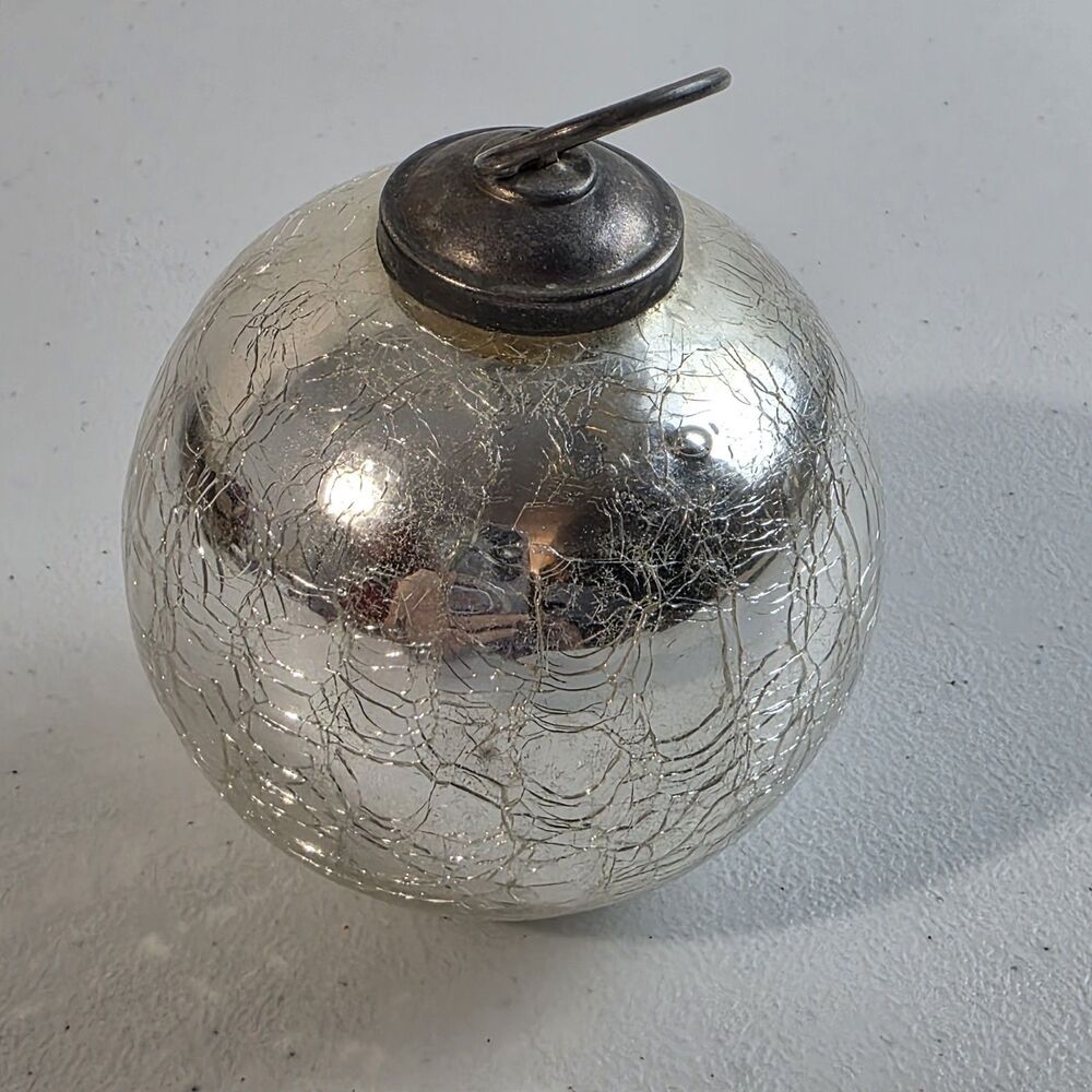 Vintage Silver Mercury Glass Ornament Crackle Finish 3" Christmas Décor Vtg